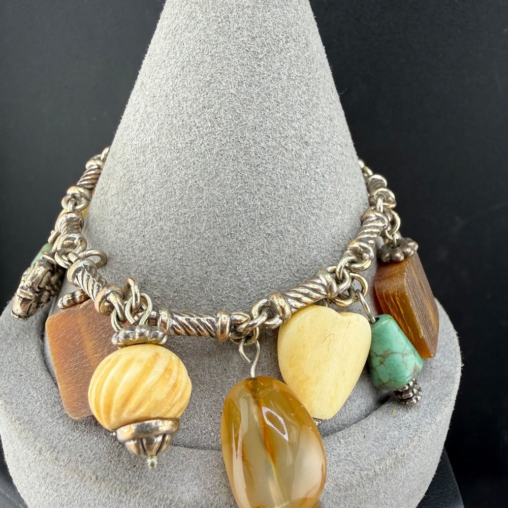 Vintage Charm Bracelet Silver Tone Stone Heart Adjustable 7”